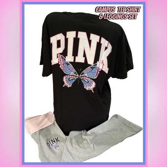 NEW VICTORIAS SECRET PINK RARE BUTTERFLY Tee Shirt and Leggings Set - Picture 3 of 7